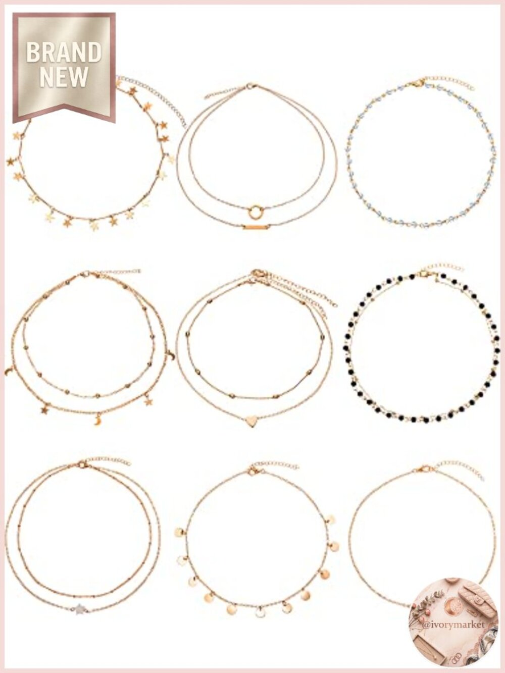 9 Piece Gold Layering Chain Choker Necklace Set Moon Star Pendant Jewelry